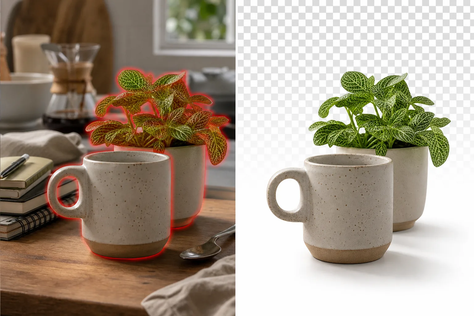 Before and after product photo showing a masked mug and plant cut out onto a transparent background