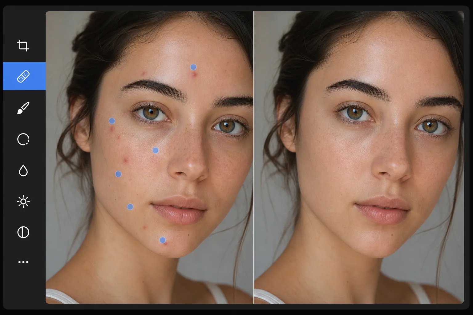 Portrait retouching workflow showing small blemishes individually brushed for AI removal while preserving natural skin texture