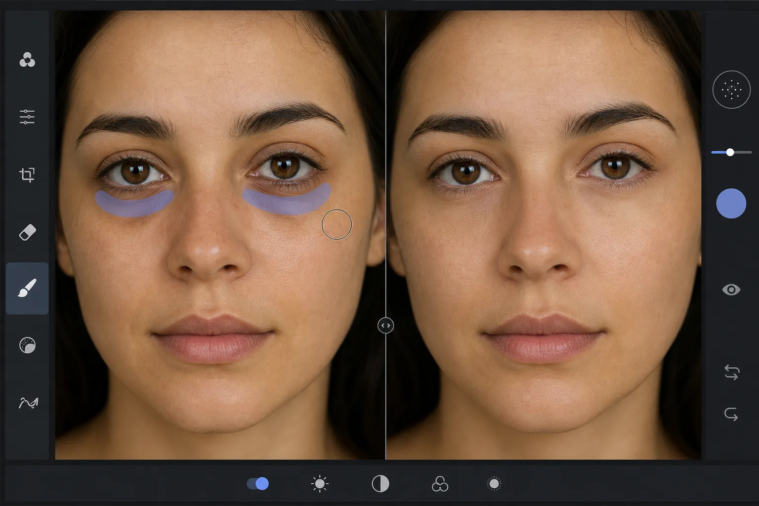 Under-eye retouching workflow showing dark circles brushed and naturally reduced while preserving skin texture and facial dimension