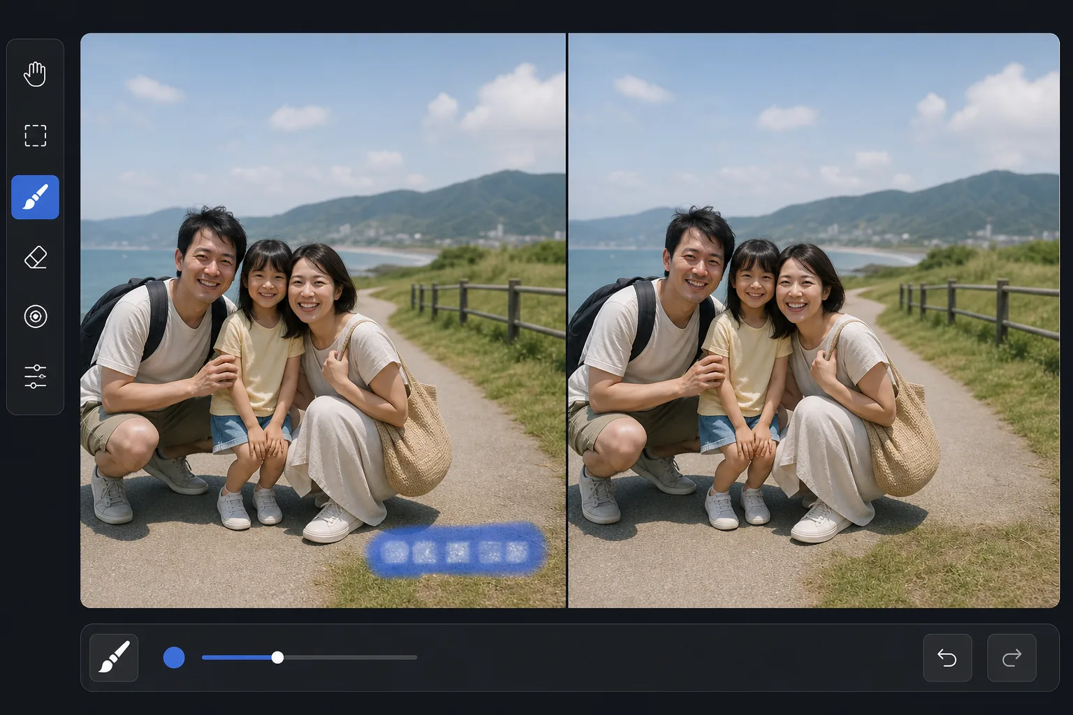 Photo restoration workflow showing a date stamp area brushed for AI removal and the image reconstructed underneath