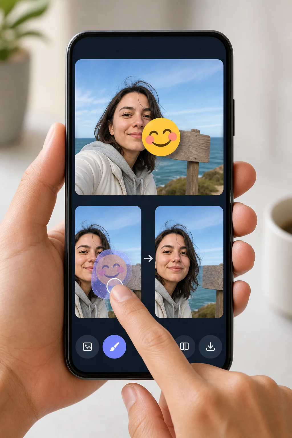 Android emoji removal workflow showing a phone gallery image brushed over with a finger and saved as a cleaned photo after AI inpainting
