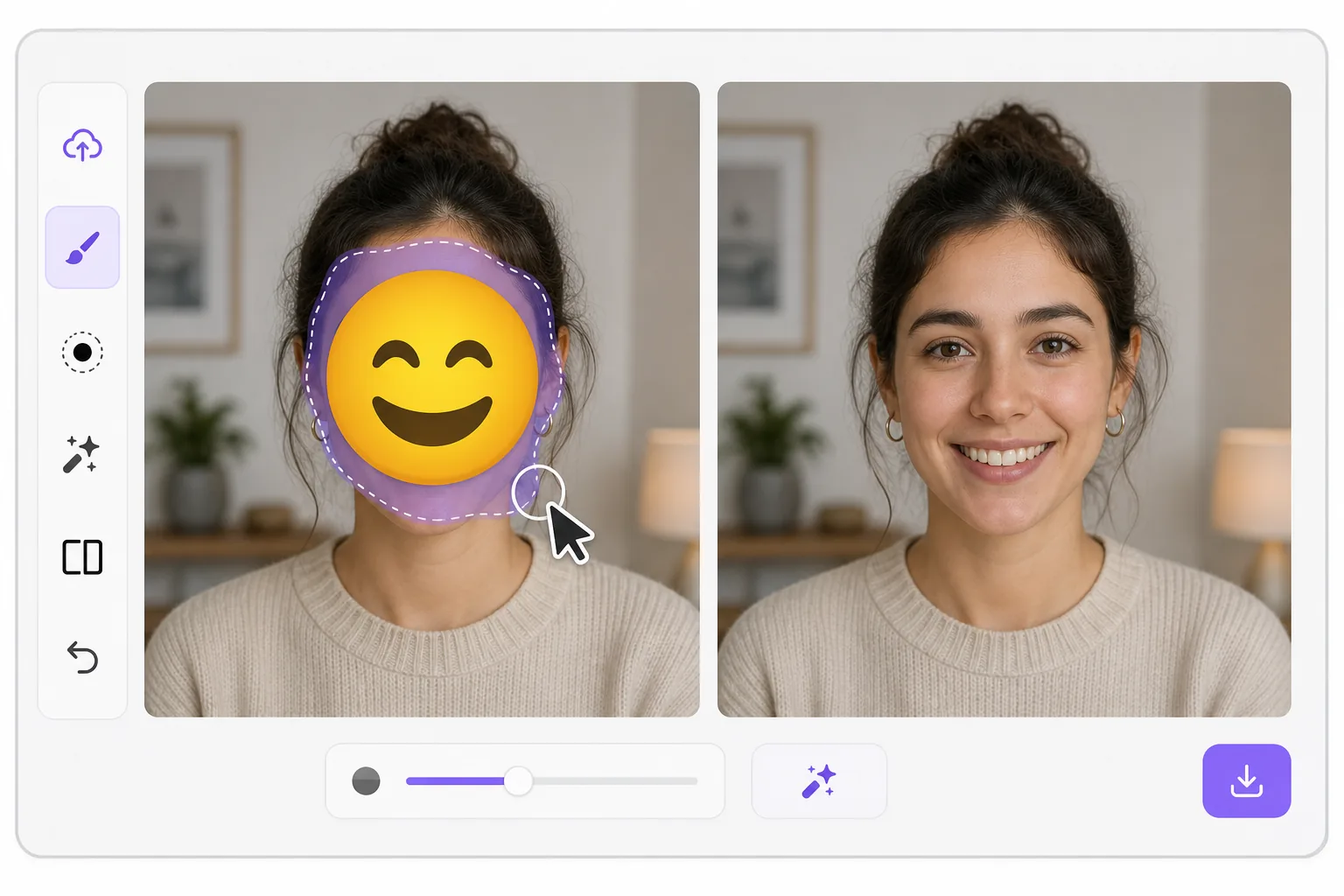 Face emoji removal workflow showing an emoji-covered portrait brushed with a mask and a generic AI-reconstructed face preview