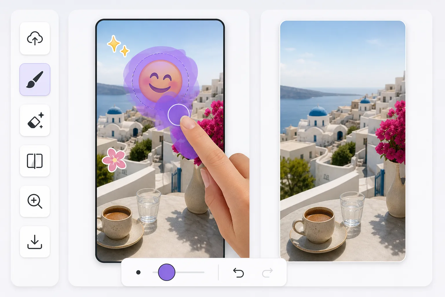Instagram Story emoji removal workflow showing a vertical story photo with a brushed sticker mask and a clean AI-inpainted preview