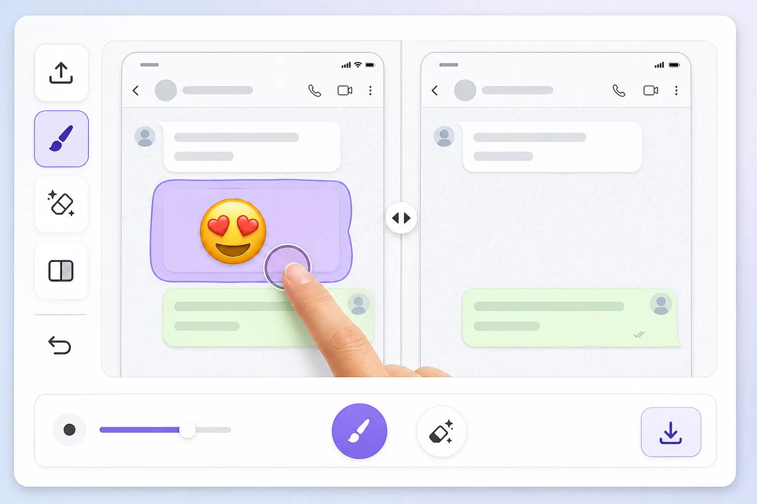 Screenshot emoji removal workflow showing a baked-in emoji brushed over in a chat screenshot and cleaned with AI inpainting