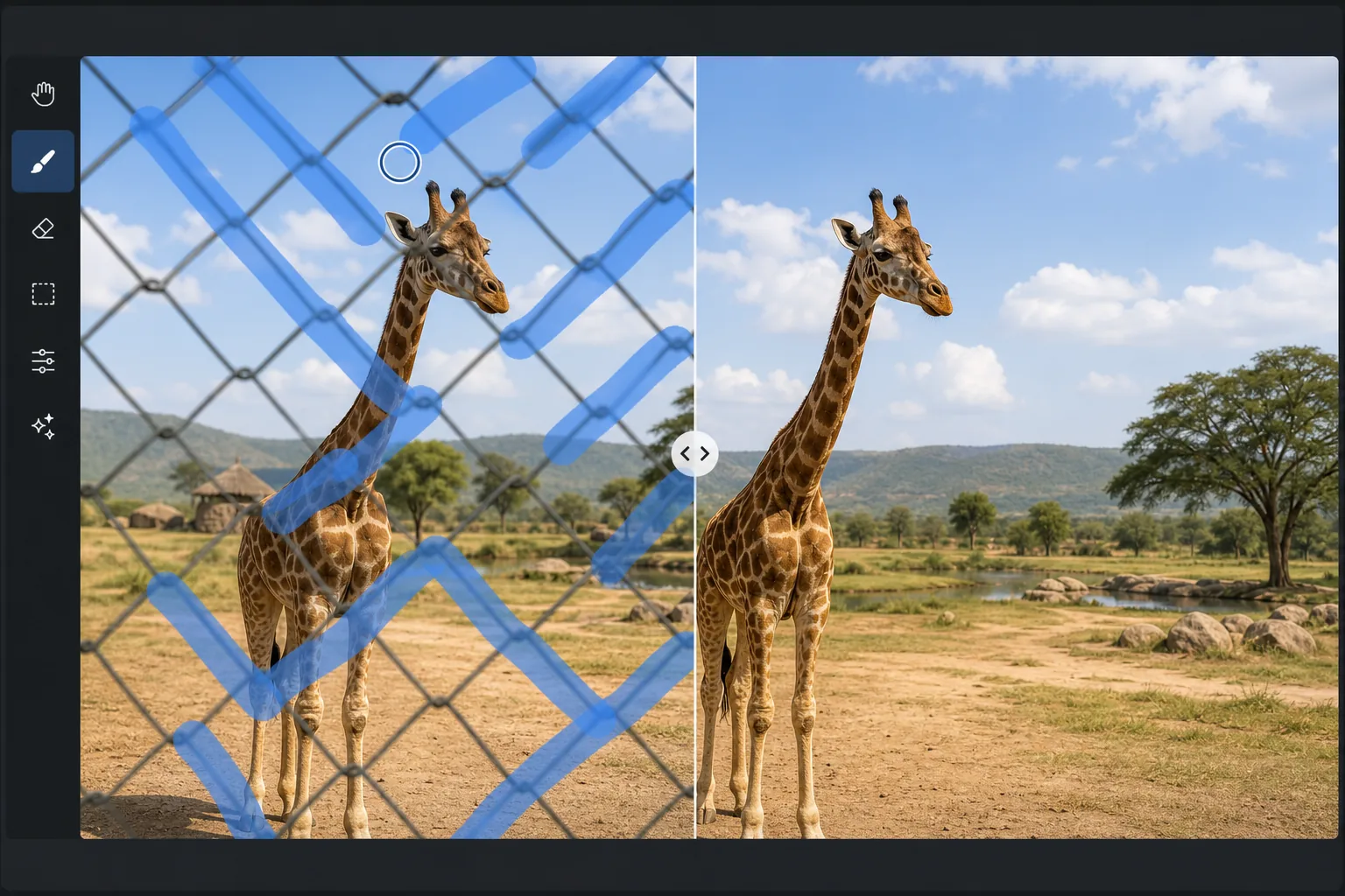Fence removal workflow showing a chain-link fence brushed for AI removal and the animal scene reconstructed behind it