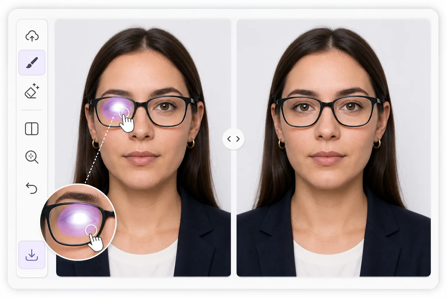 Glasses glare removal workflow showing a bright lens hotspot brushed from an ID-style portrait and replaced with a clean AI-reconstructed eye