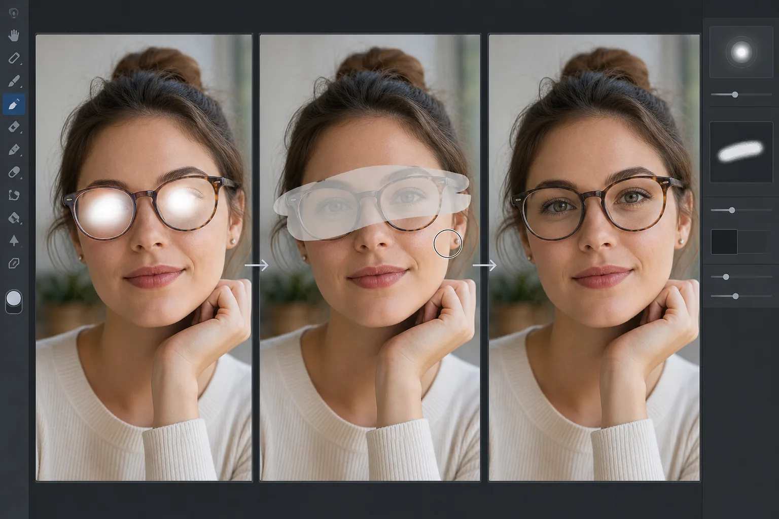 Three-panel workflow showing glasses glare brushed with a mask and restored to reveal clear eyes behind the lenses