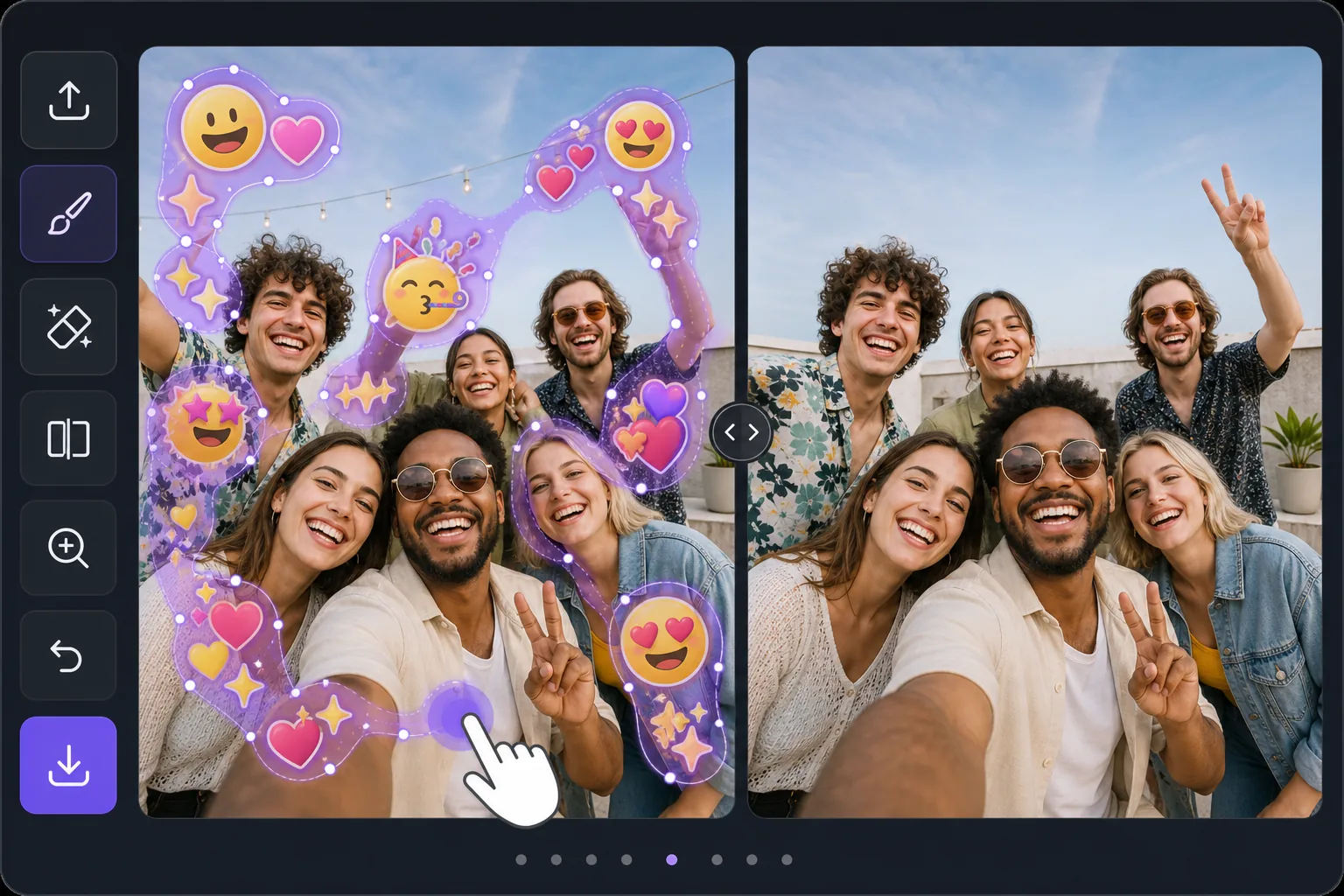 Batch emoji removal workflow showing many stickers selected with one continuous mask and cleared from a group photo in one AI inpainting pass