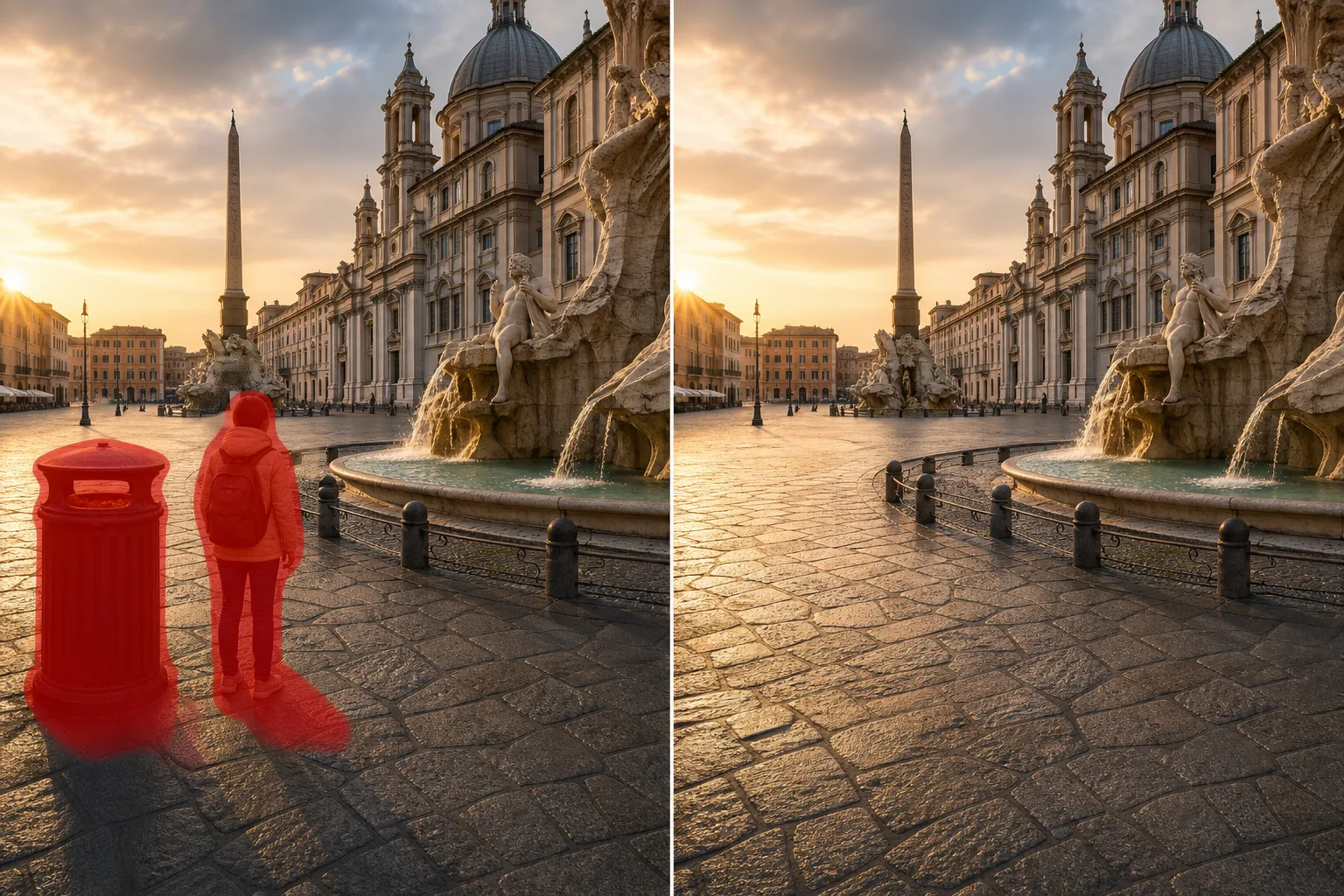 Before and after plaza photo showing brushed unwanted objects removed and paving restored