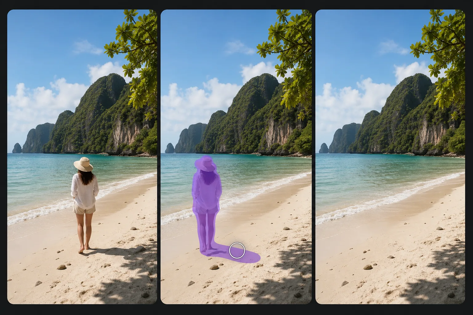 Three-panel workflow showing an unwanted person and their shadow brushed with a mask and removed from a beach photo