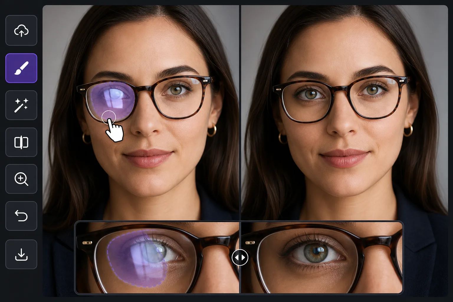 Glasses reflection removal workflow showing lens glare brushed inside the frame and a clean AI-reconstructed eye preview