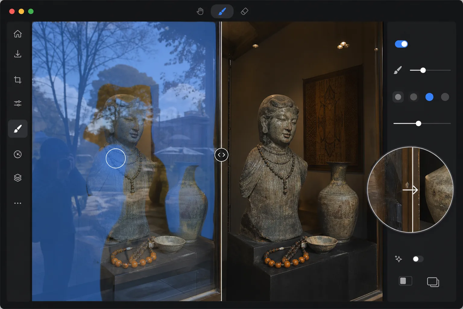 Reflection removal workflow showing a glass display photo brushed to remove outdoor glare and reveal the clean exhibit behind it