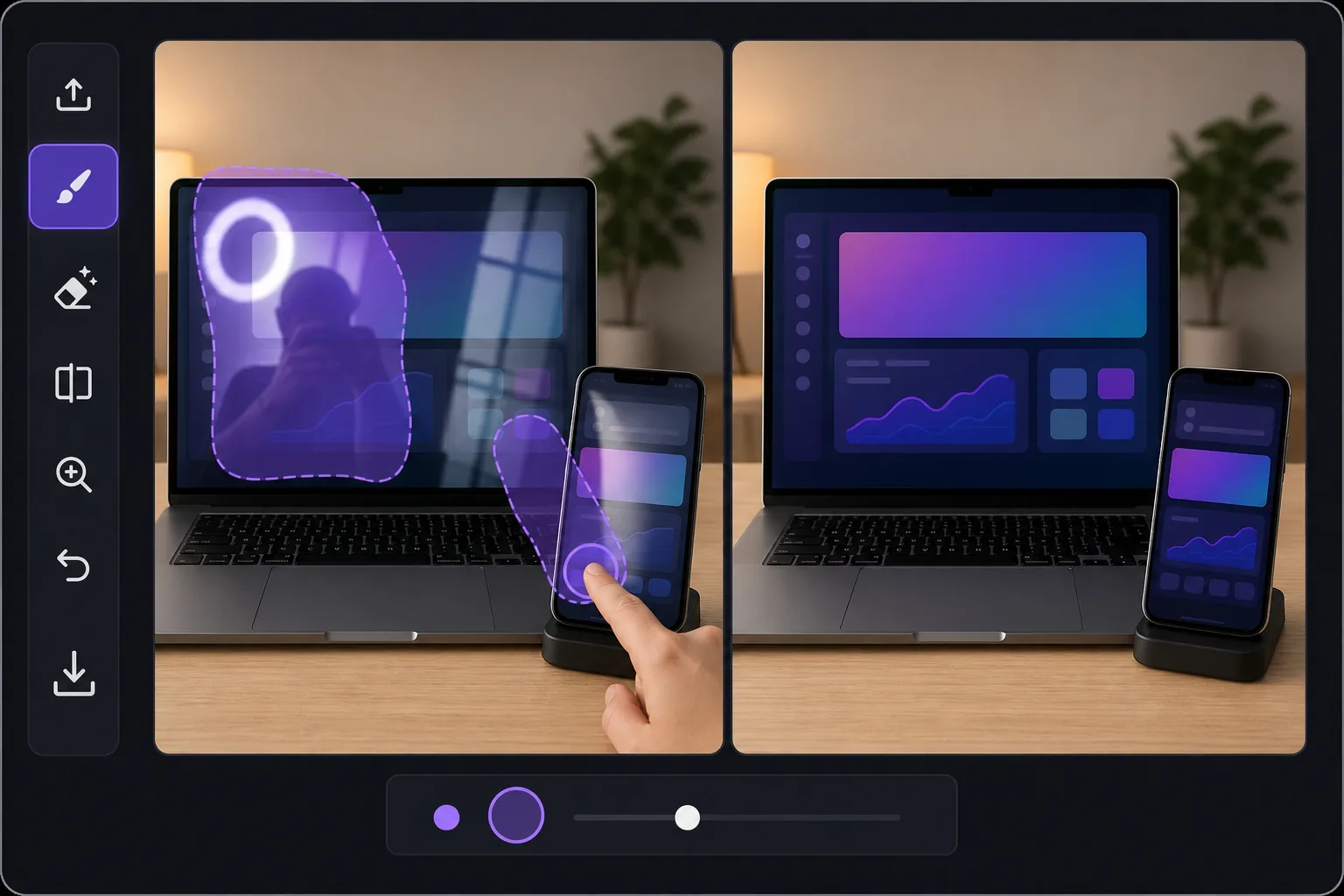 Screen glare removal workflow showing ring-light and window reflections brushed from laptop and phone displays with clean AI-inpainted screens