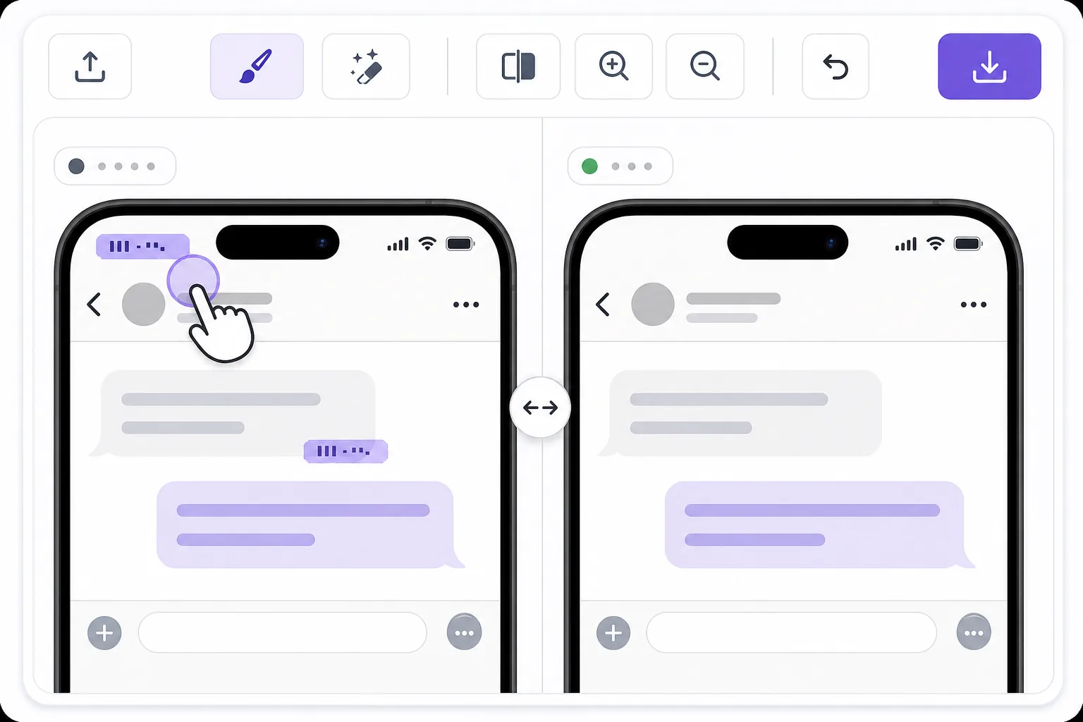 Screenshot timestamp removal workflow showing abstract time marks brushed out of a status bar and chat screen with AI inpainting