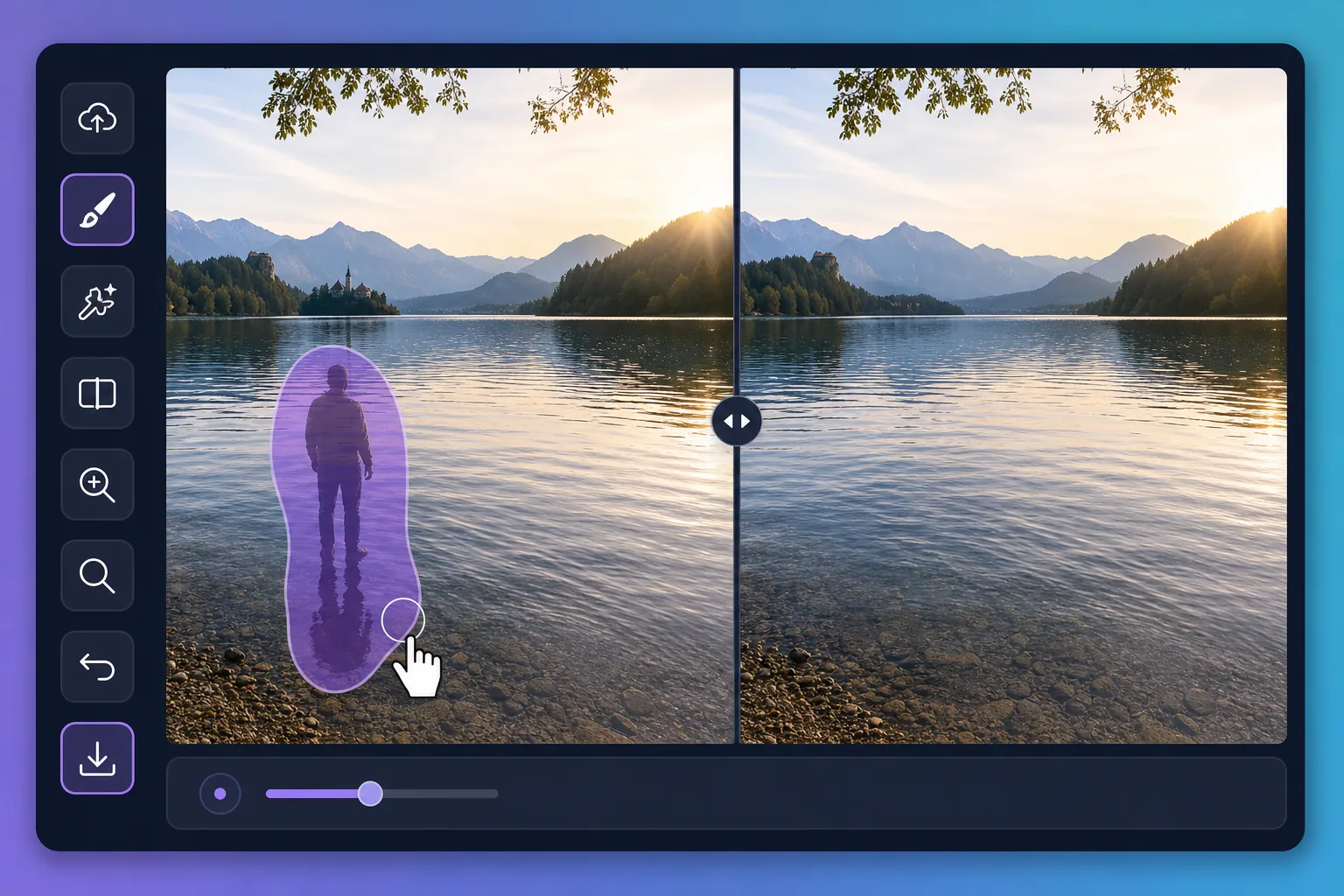 Water reflection removal workflow showing an unwanted reflected figure brushed from a lake and replaced with natural AI-inpainted ripples