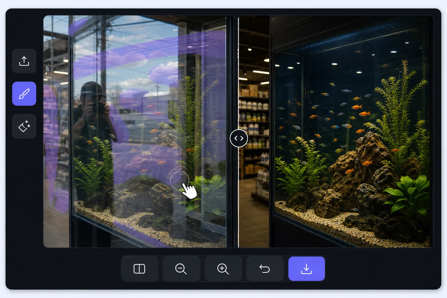 Window reflection removal workflow showing reflected glass streaks brushed away from an aquarium photo with a clearer AI-inpainted view
