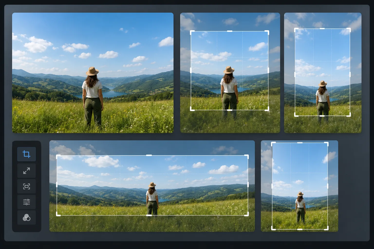 Workflow showing a landscape photo expanded into square, vertical, wide, and tall social media formats while preserving the original subject
