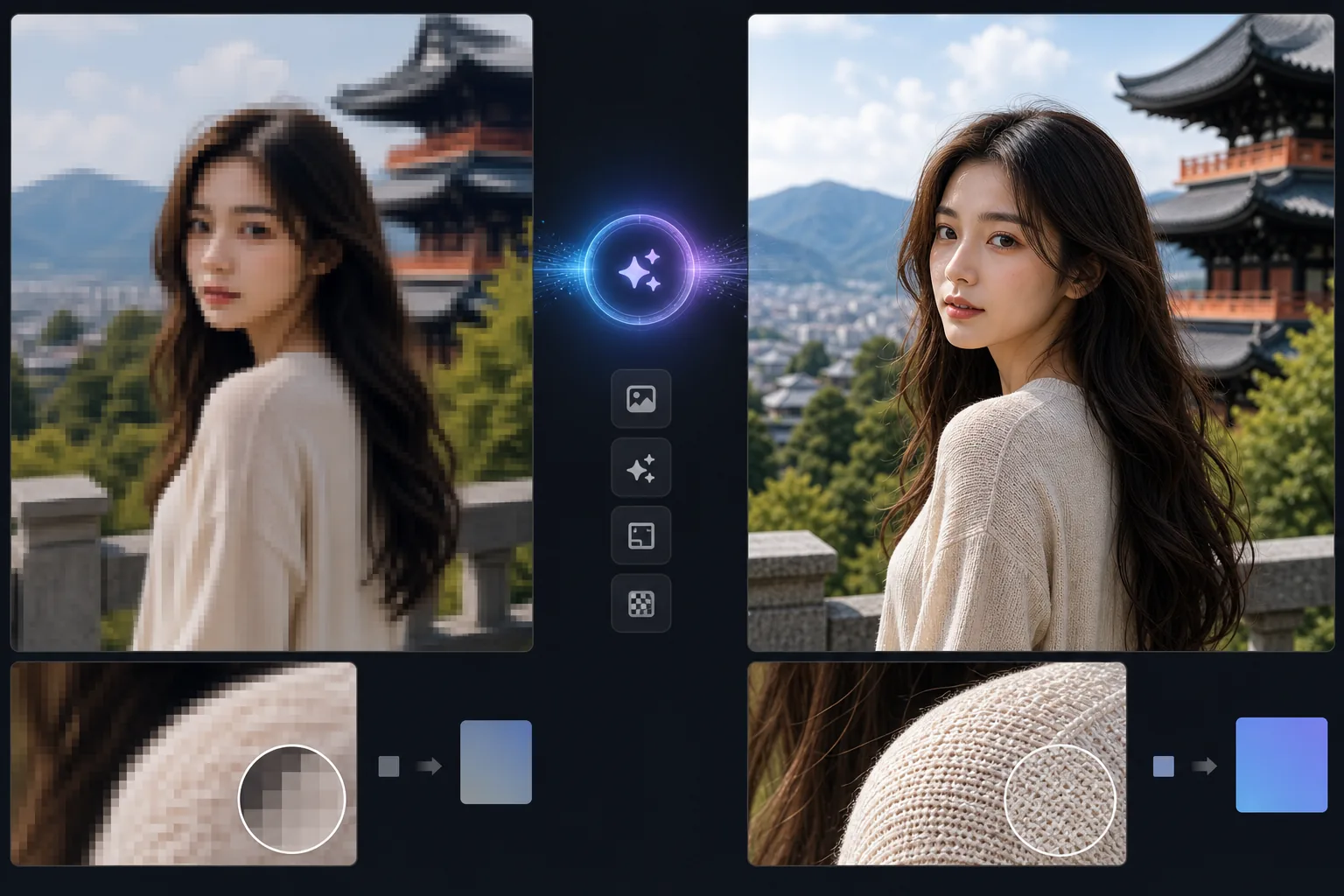 AI upscaling workflow showing a pixelated low-resolution photo transformed into a sharp high-resolution image with restored detail