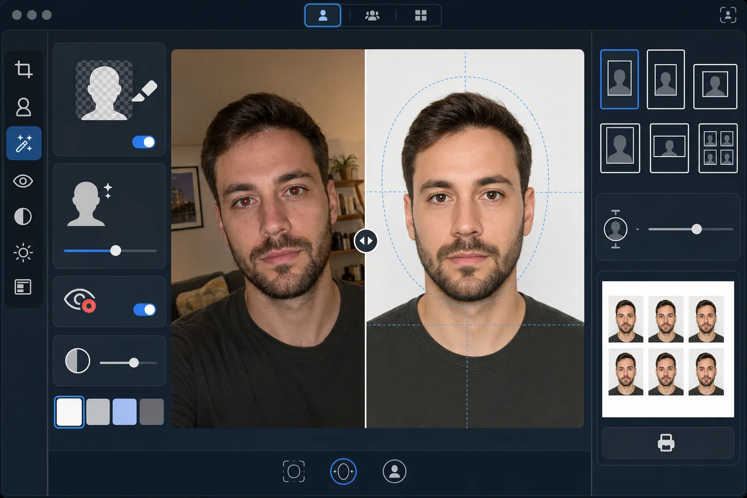 AI ID photo workflow replacing a casual selfie background with a solid white or light gray backdrop, correcting red-eye and uneven lighting, aligning head-size guides, and exporting a printable ID photo sheet
