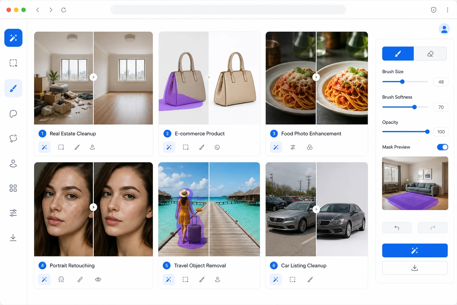 Magic Eraser editor showing before and after photo editing workflows for real estate, ecommerce, food, portraits, travel, and car listings
