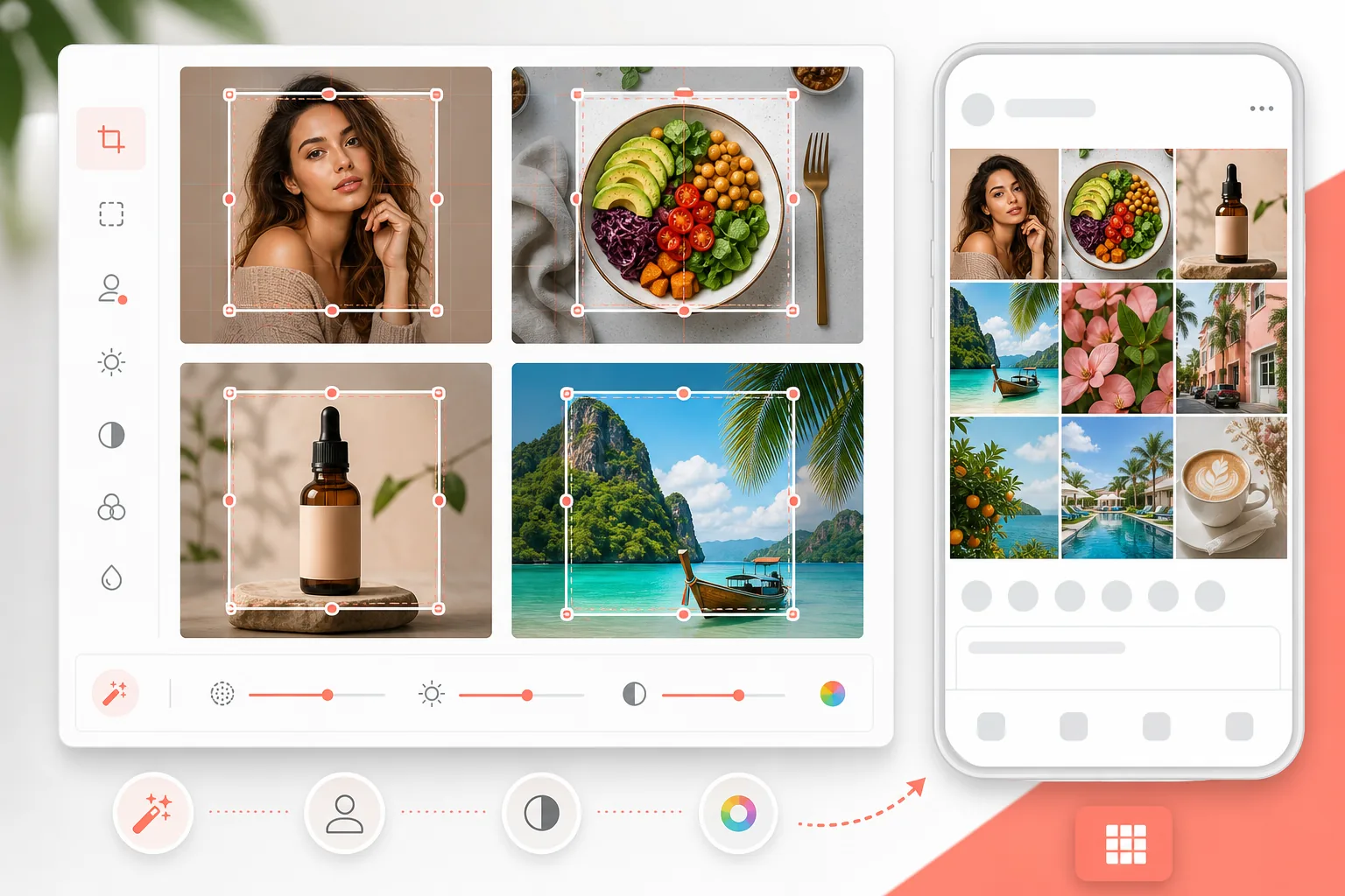 AI Instagram square crop workflow cropping portraits, food, products, and lifestyle photos into vibrant 1080 by 1080 feed posts with clean backgrounds and mobile-optimized enhancement