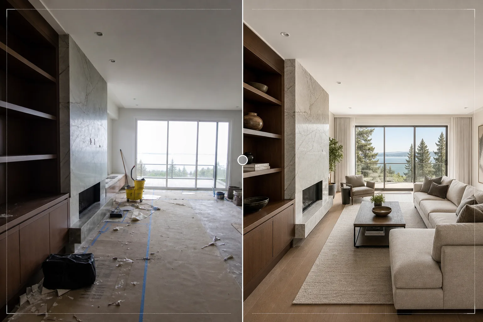 AI interior design portfolio workflow brightening rooms, removing construction clutter, correcting material colors, sharpening textures, and preparing portfolio-ready interiors