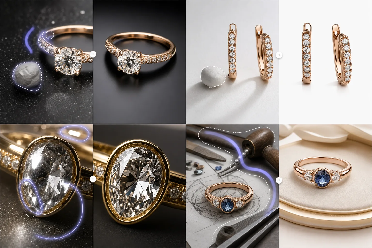 AI jewelry photo editing workflow cleaning dust, removing reflections, creating white backgrounds, and polishing custom piece previews