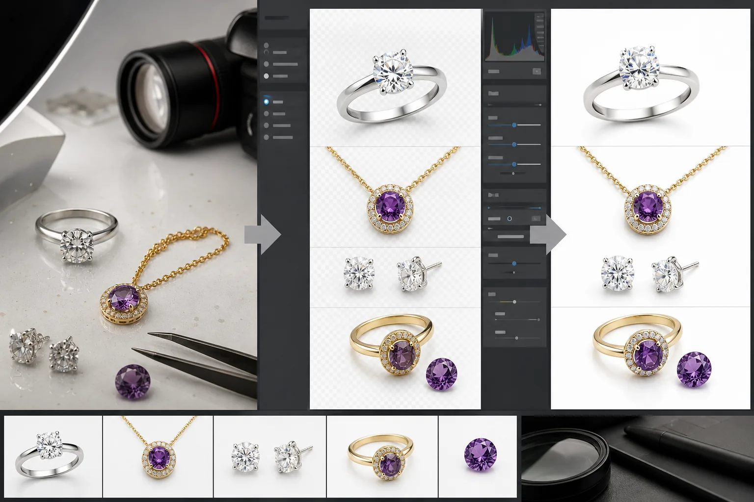 AI jewelry photography workflow cleaning backgrounds, sharpening gemstone detail, and removing metal reflections for catalog photos