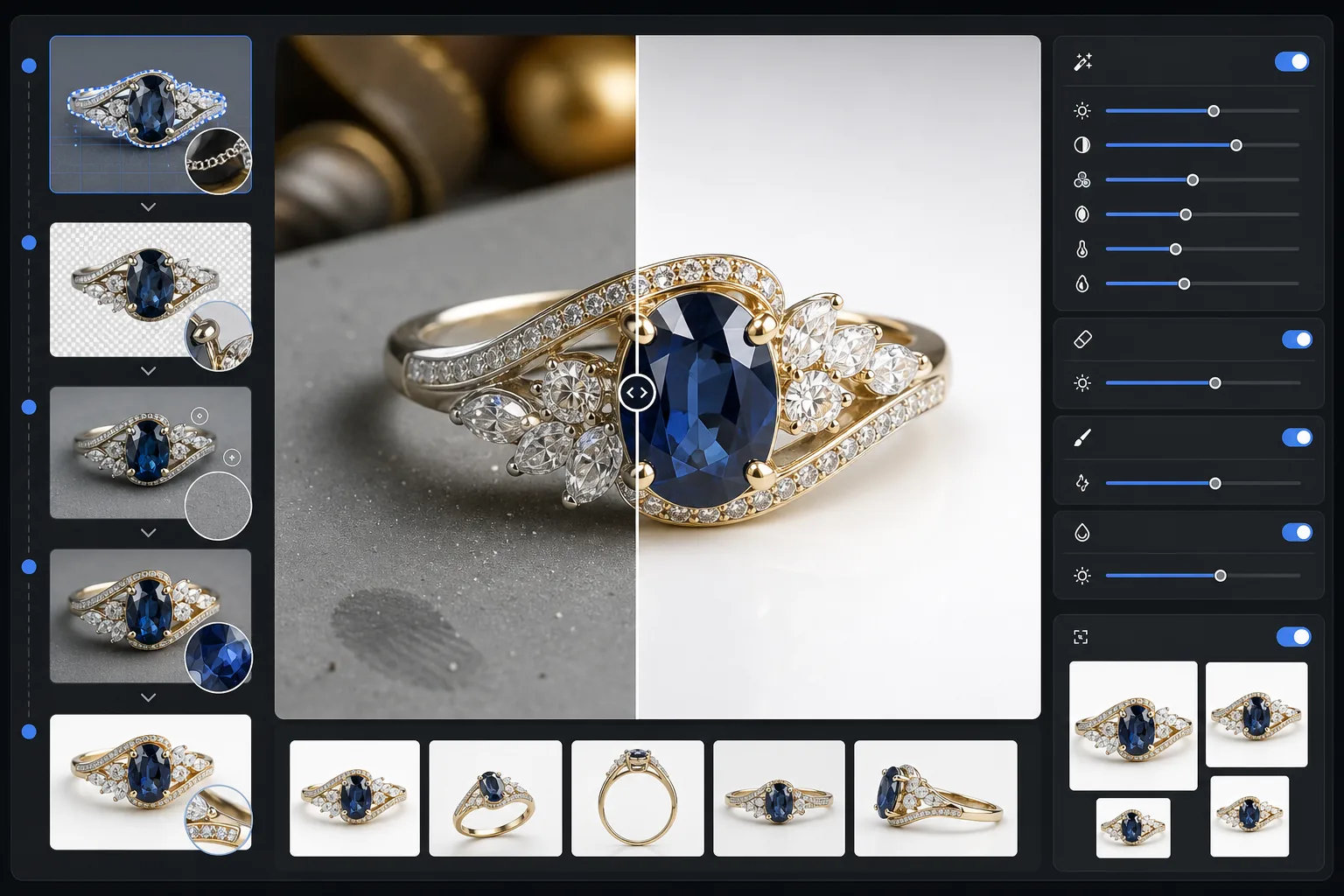 AI jewelry product photo workflow isolating a gemstone ring, removing dust and fingerprint smudges, enhancing sparkle and facet detail, and exporting clean square marketplace images