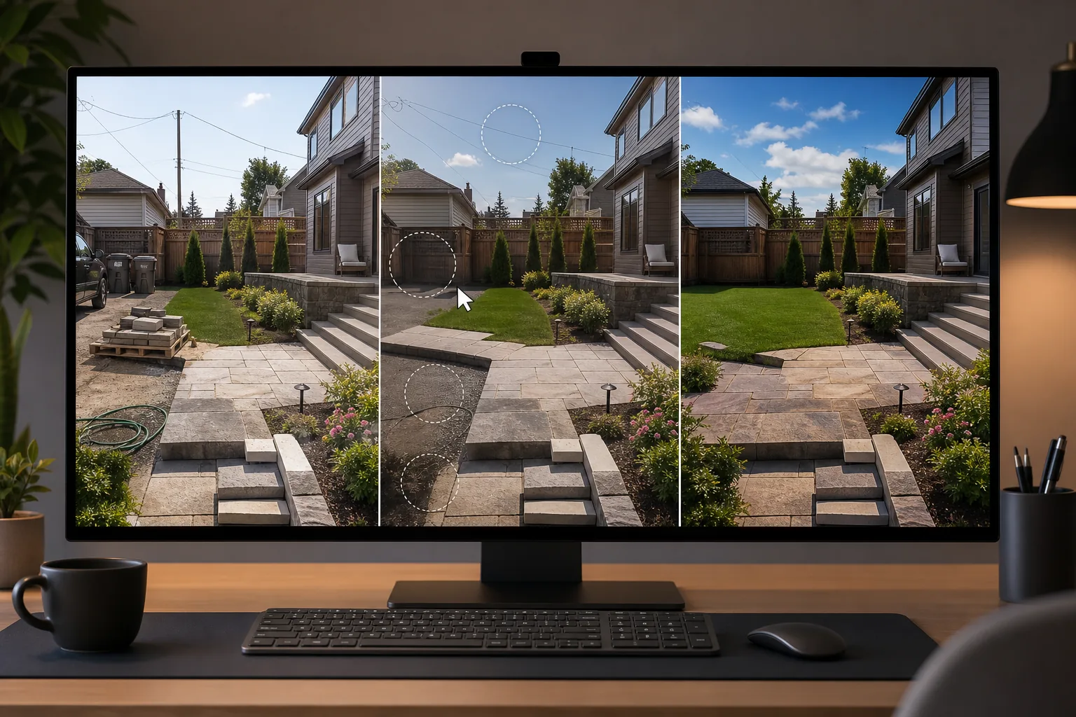 AI landscape contractor portfolio workflow removing job-site debris and enhancing completed hardscape project photos