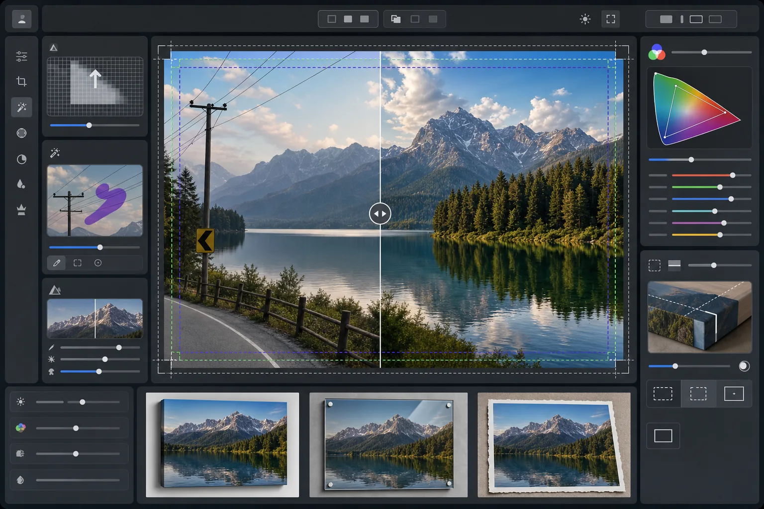 AI landscape print-ready workflow upscaling scenic photos for large-format 300 DPI prints, removing power lines and signs, optimizing color for canvas, metal, and fine art paper, and previewing crop and bleed guides
