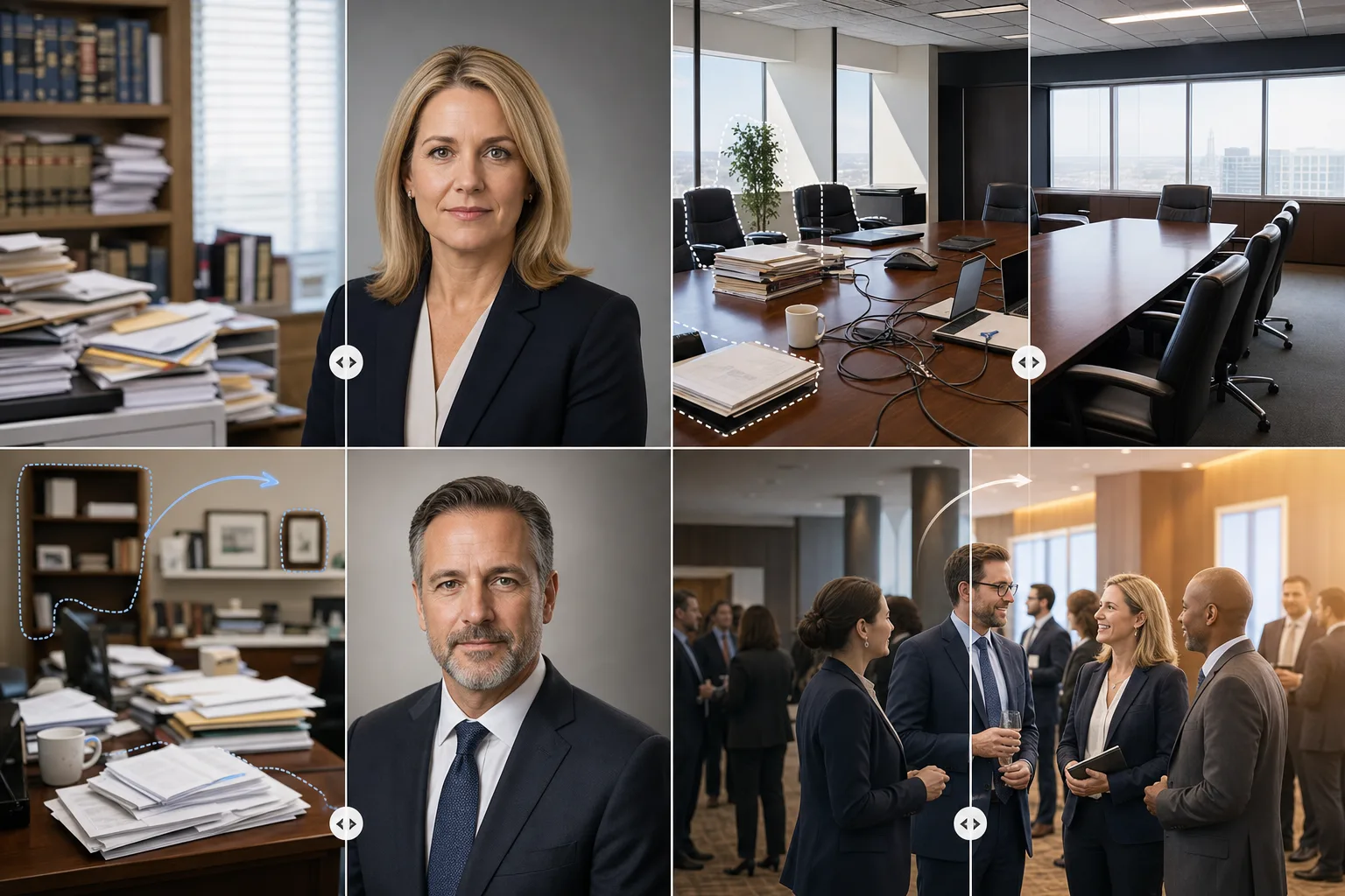 AI legal services photo editing workflow cleaning attorney headshots, law office clutter, conference rooms, and seminar photos