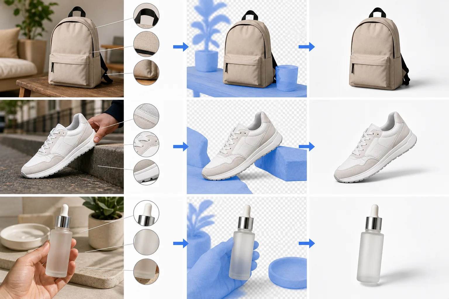 Lifestyle-to-studio product photo workflow showing source evaluation, environment removal, shadow preservation, and enhanced studio-style results