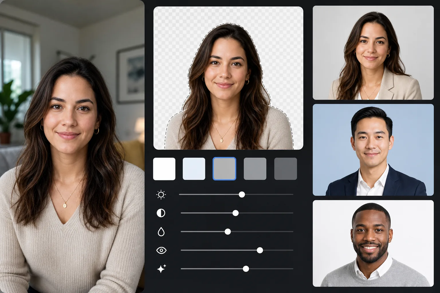 AI LinkedIn professional headshot workflow removing a casual photo background, applying clean gray studio backdrops, enhancing natural lighting, and exporting square profile portraits