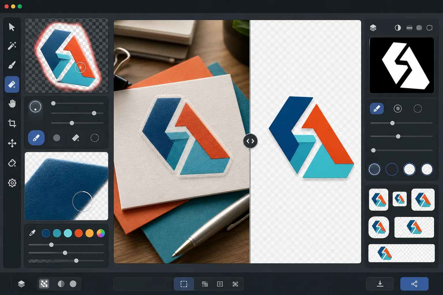 AI logo transparent background workflow removing a photographed logo background, refining jagged edges and halos, preserving brand colors, and exporting transparent PNG logo sizes on checkerboard previews