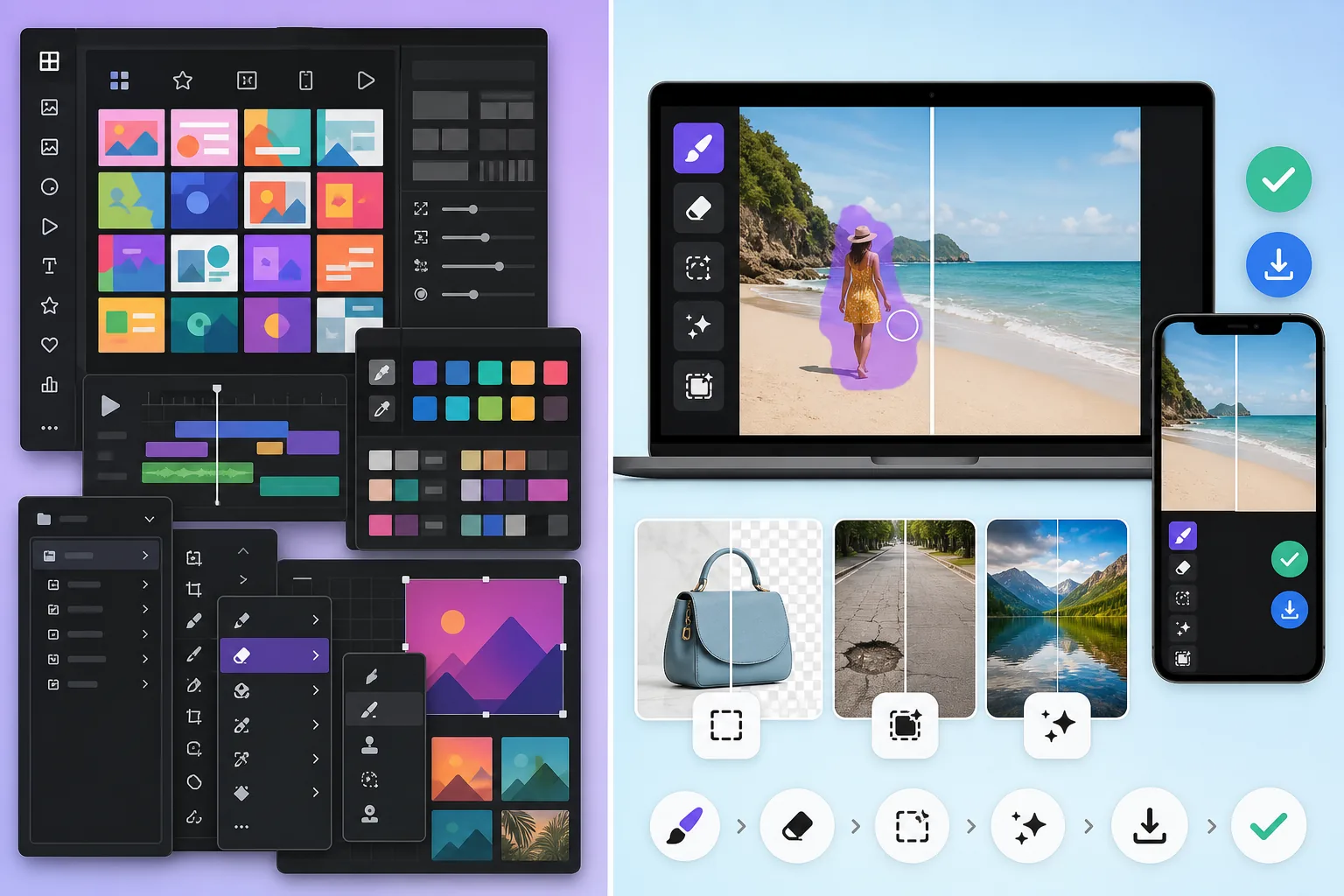 Comparison of a template-first design suite and a direct AI photo cleanup workflow across laptop and phone