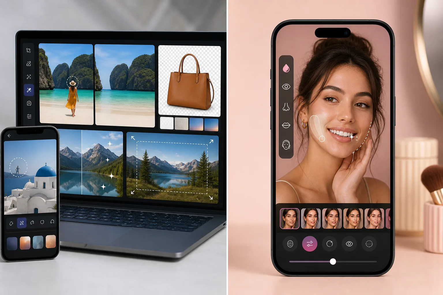 Comparison of general AI photo cleanup and selfie-focused beauty retouching workflows