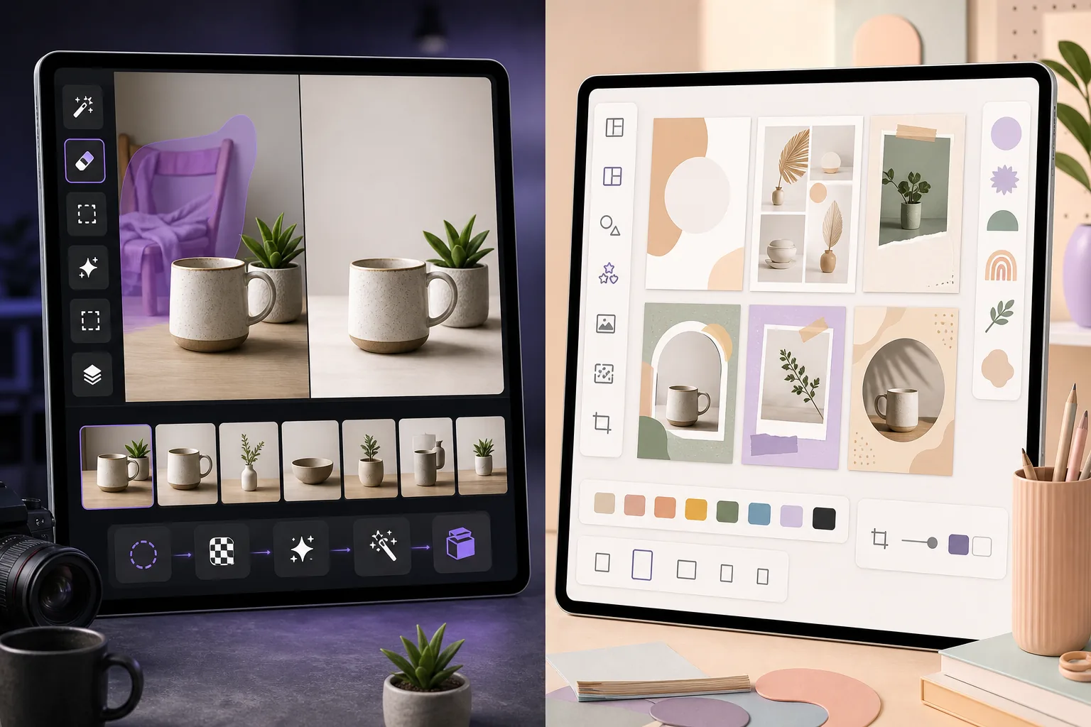 Comparison of AI product photo cleanup and template-based design editing