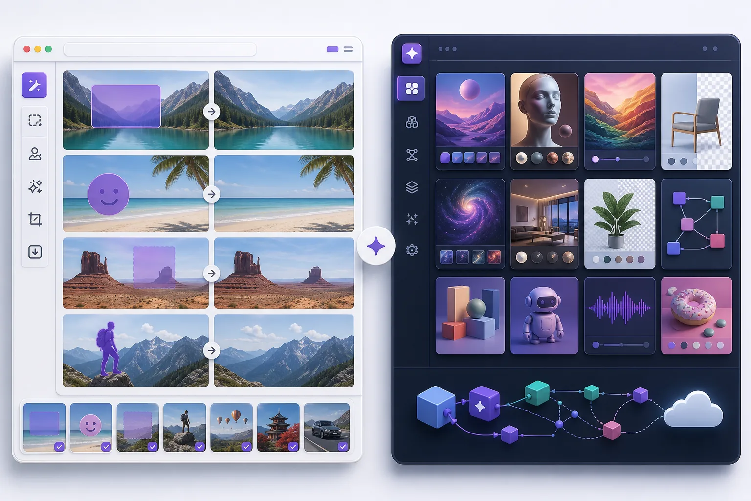 Comparison of task-specific AI cleanup workflows and a broad creative AI tool platform