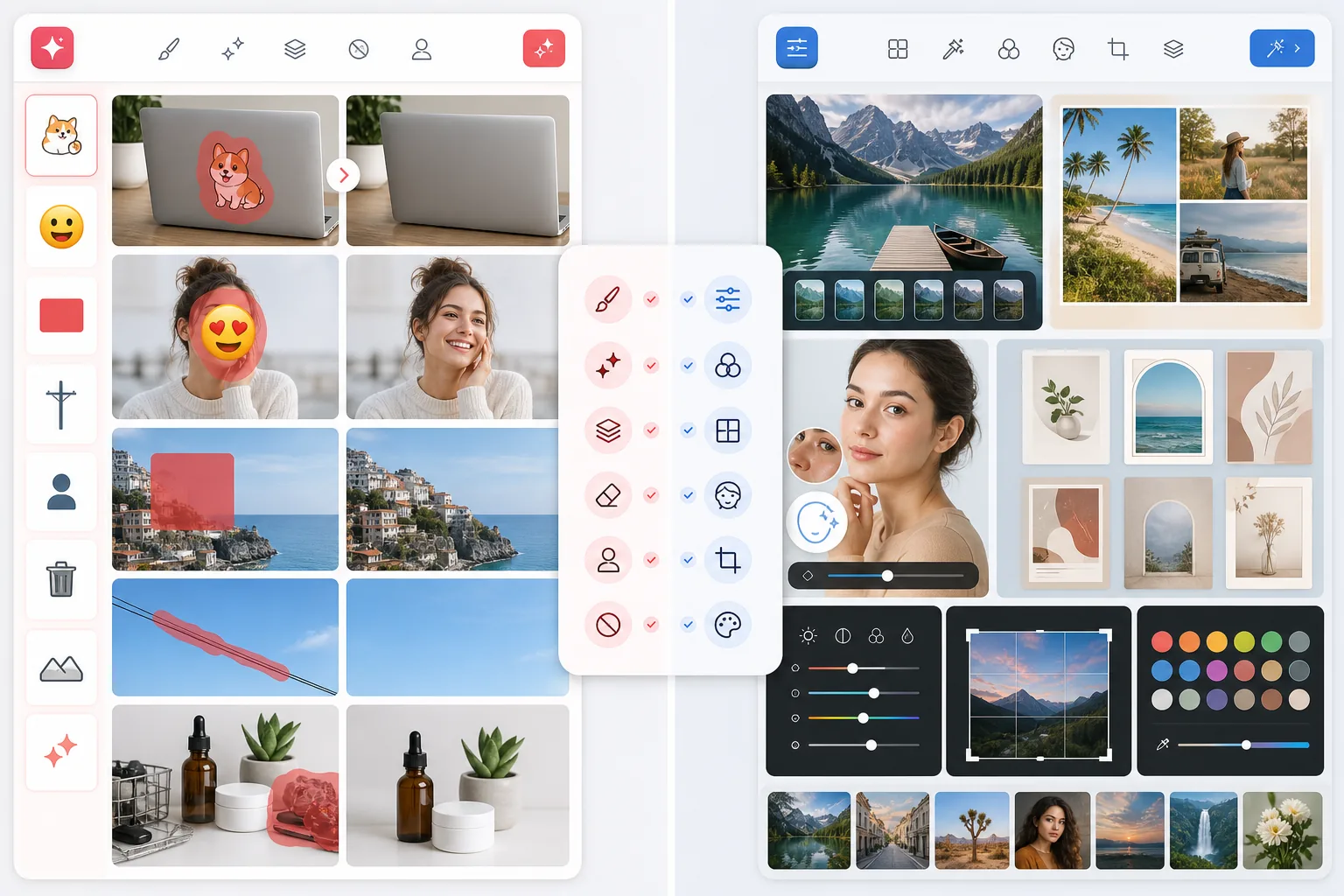 Side-by-side comparison of task-specific AI cleanup tools and a broad general photo editor with filters, collage, retouching, and design panels