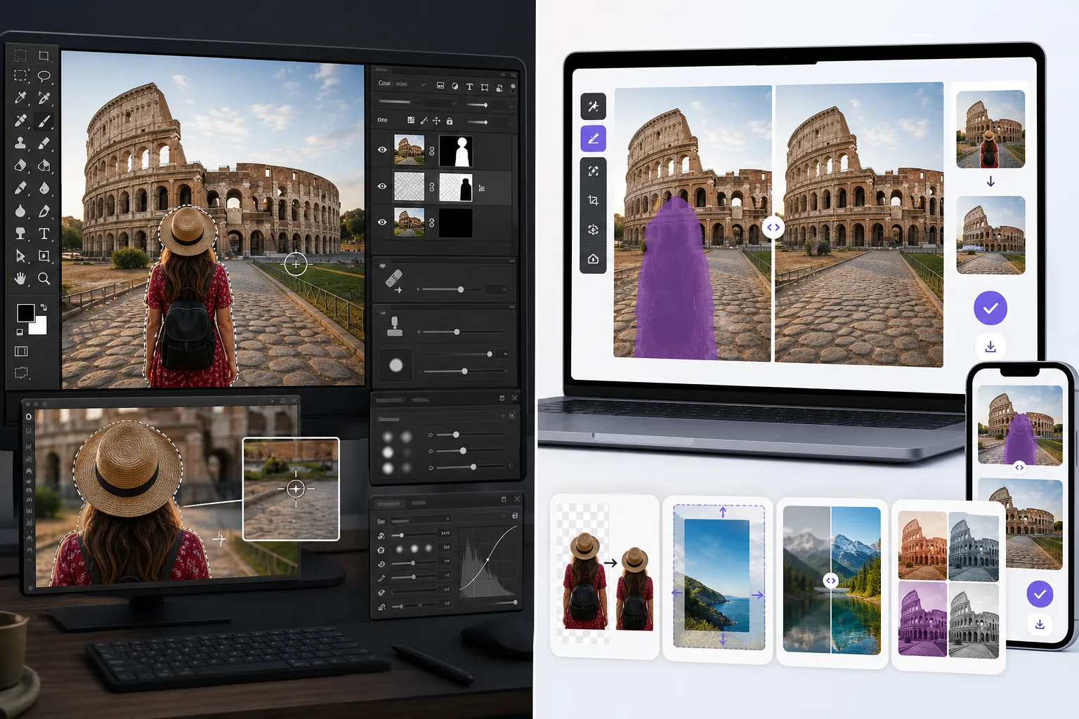 Comparison of manual desktop clone-and-mask object removal and one-click AI cleanup in a browser editor