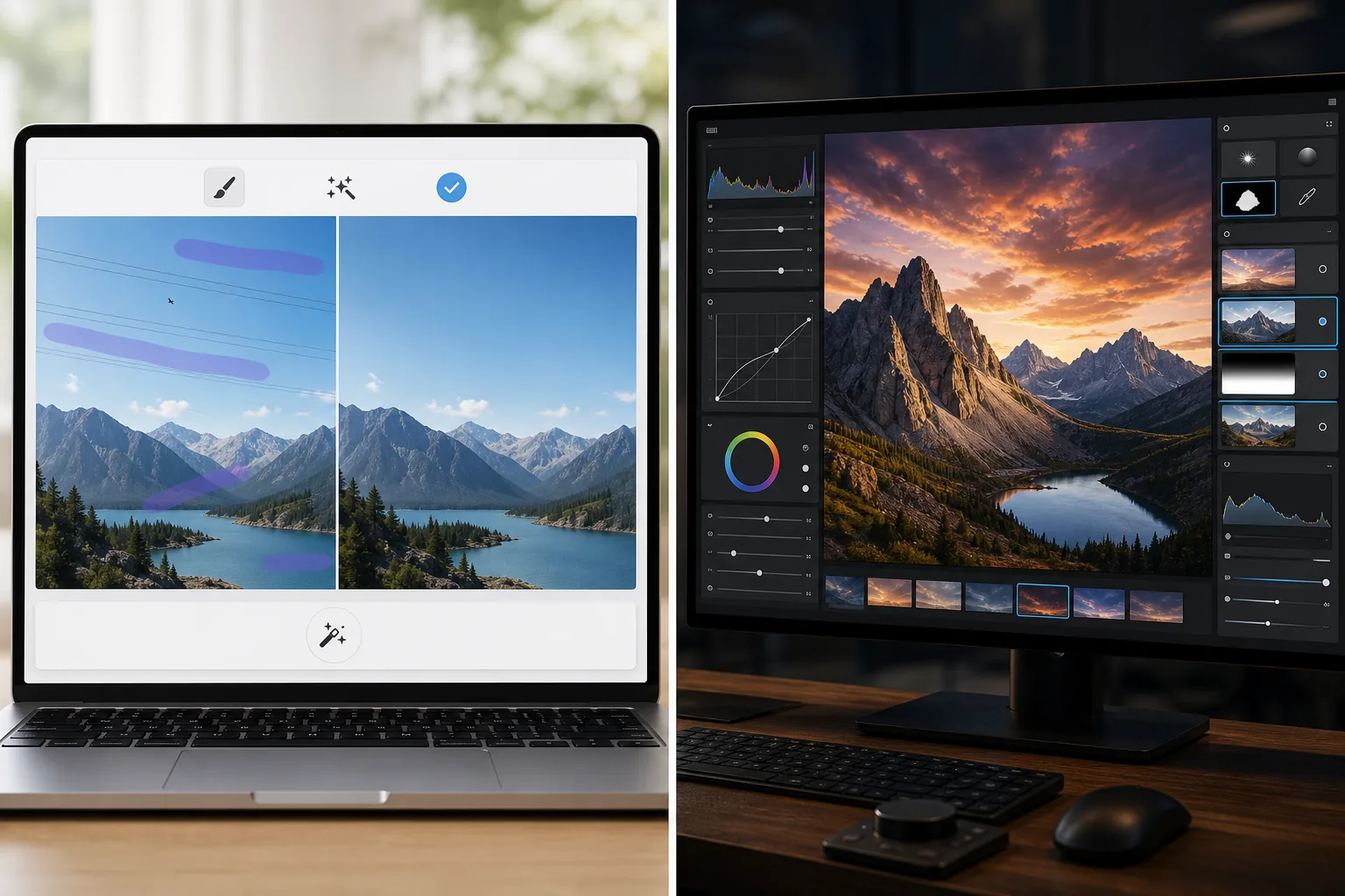 Side-by-side comparison of browser-based sky cleanup and a complex desktop photo editing workspace