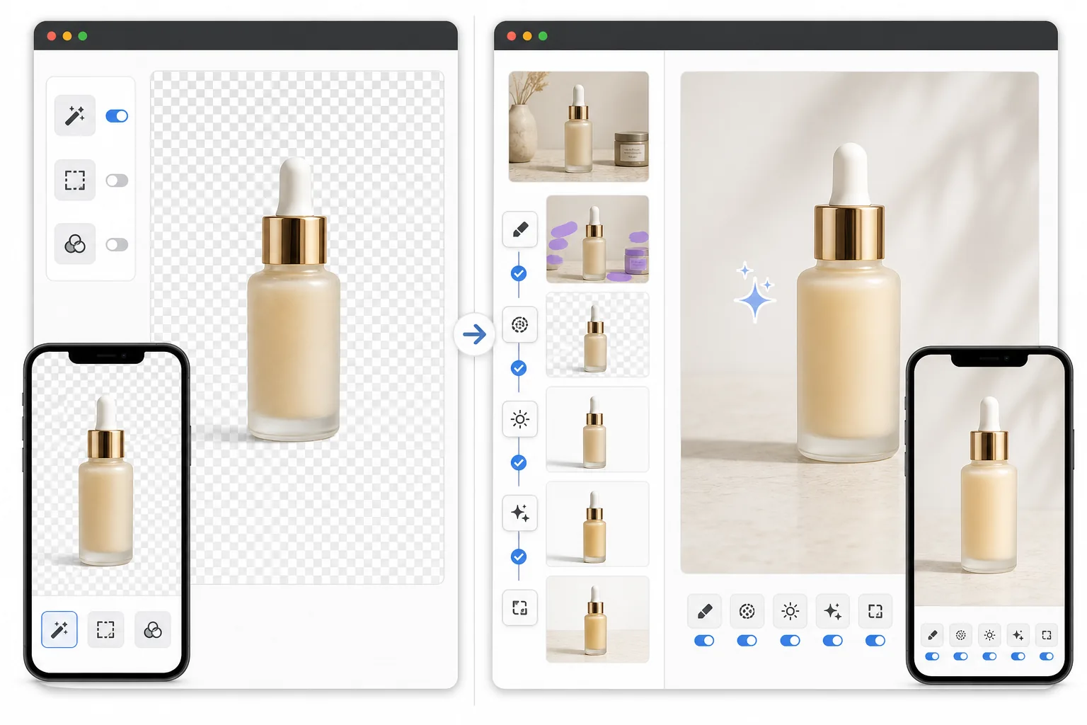Comparison of a simple product background cutout workflow and a broader multi-step AI cleanup editor