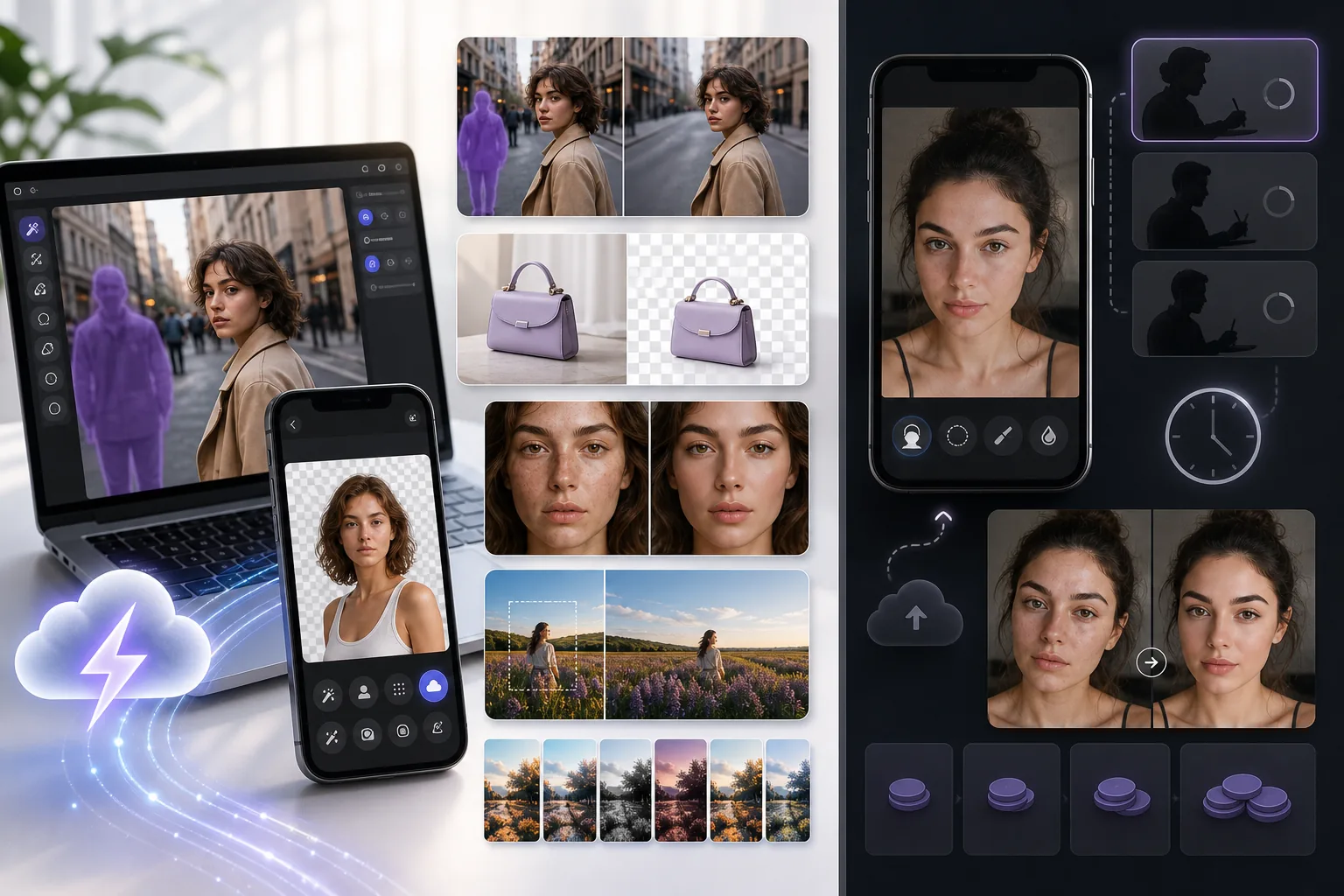 Comparison of instant AI photo editing and queued human portrait retouching workflows