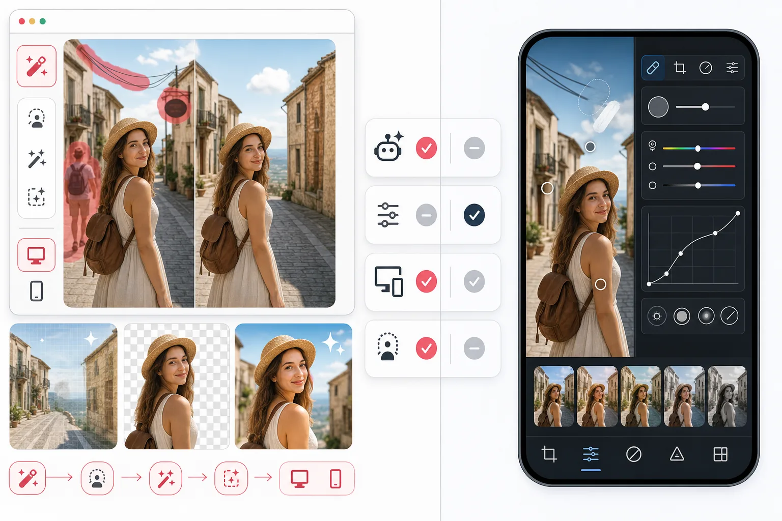 Side-by-side comparison of AI-assisted photo cleanup in a browser and manual mobile healing and color adjustment tools