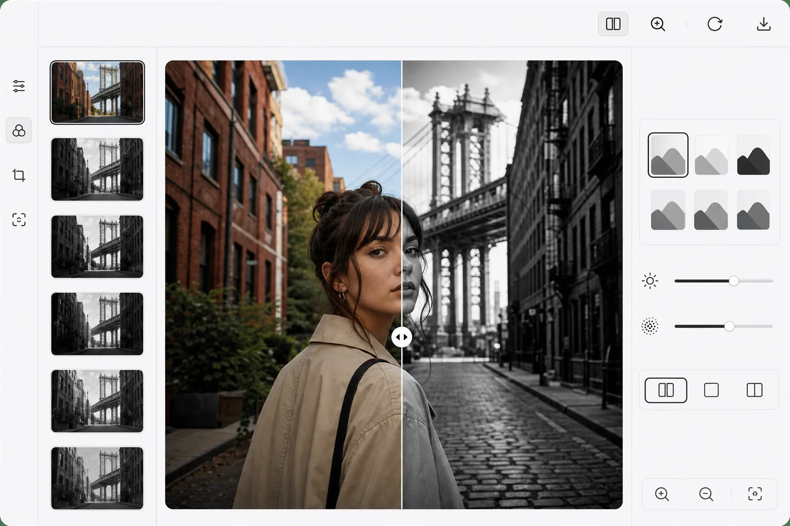 AI filter editor showing a color street portrait converted to rich black and white with style thumbnails contrast and grain controls