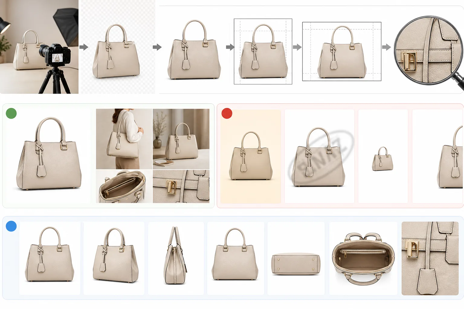 Marketplace product photo requirements showing compliant white-background main images, crop framing, zoom detail, secondary image sets, and rejection examples