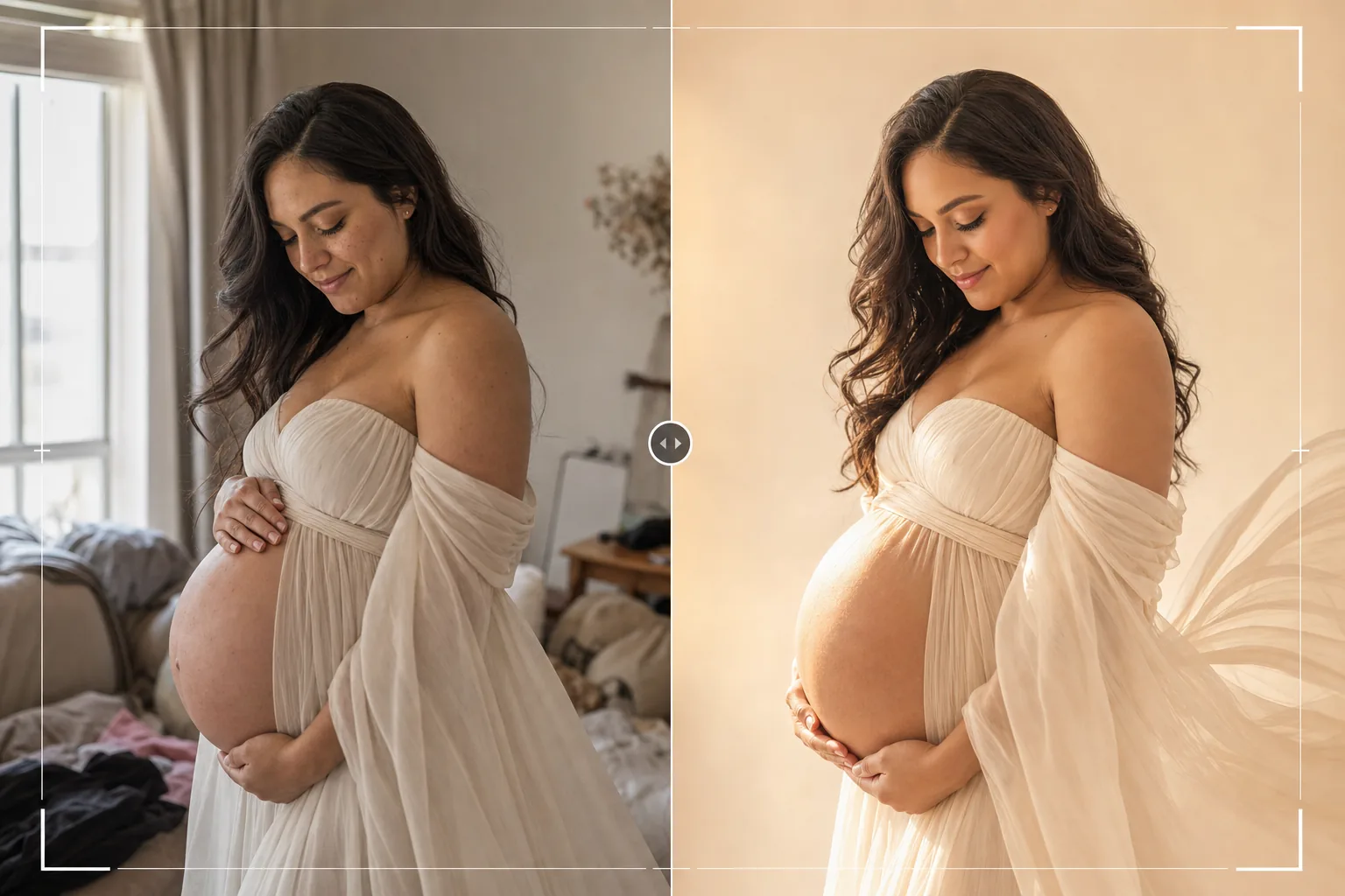AI maternity photo retouching workflow gently smoothing skin, adding warm glow, simplifying the room background, and preserving flowing fabric detail