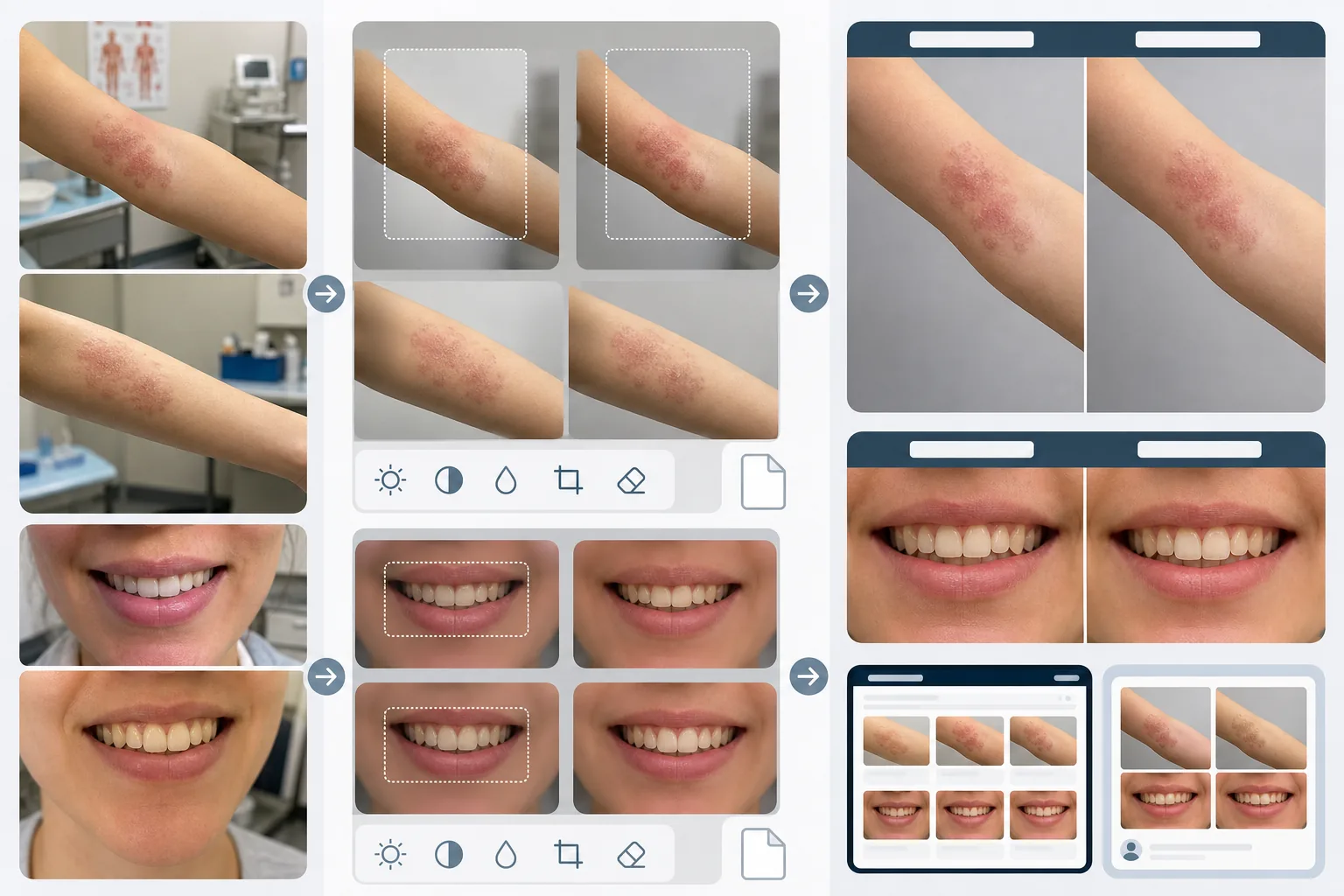 AI medical before-and-after workflow standardizing clinical photo pairs, matching lighting and framing, removing exam room clutter, applying privacy redaction, and preparing practice marketing composites