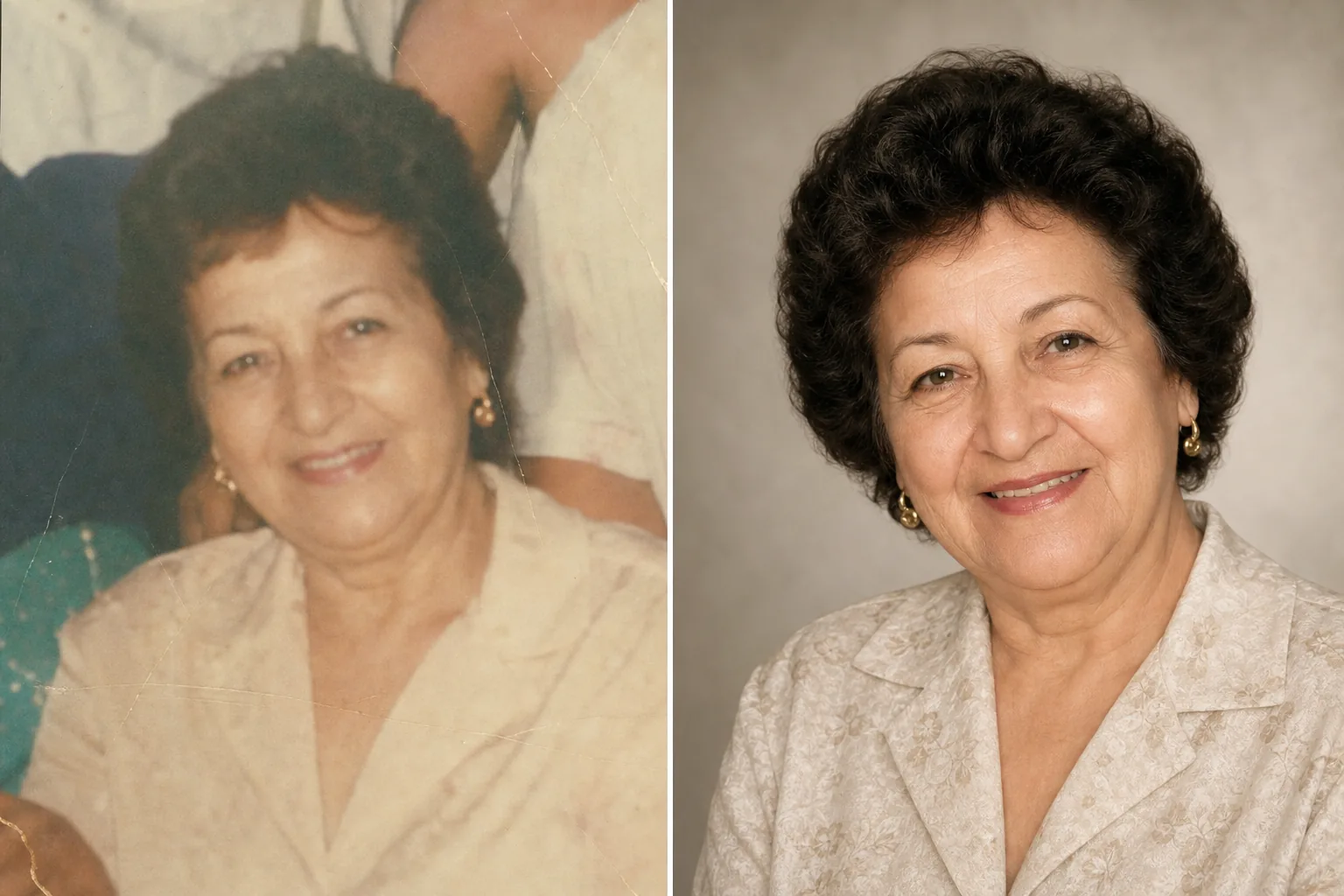 AI memorial tribute photo workflow restoring a faded scanned portrait, simplifying the background, enhancing natural color, and preparing a dignified print-ready remembrance image